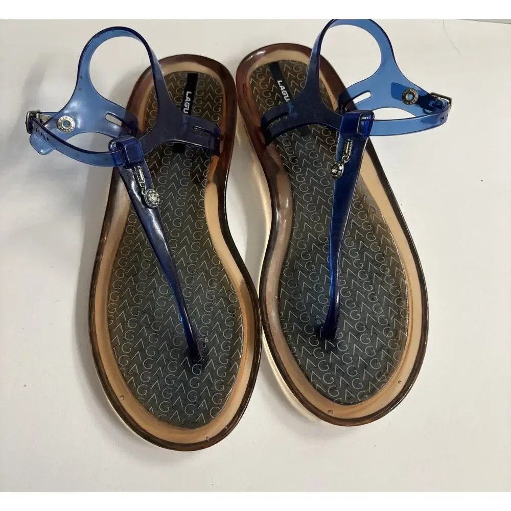 Laguna Women's Blue Jelly Thong Sandals Slingback T-Strap Buckle Logo Size 9 - Picture 1 of 6